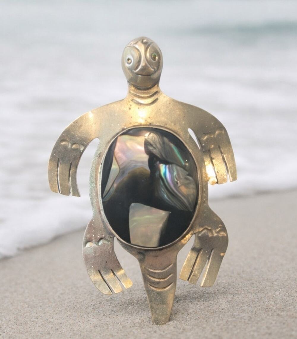 Mexico Alpaca Silver Tone Abalone Turtle Brooch Pendant Vintage